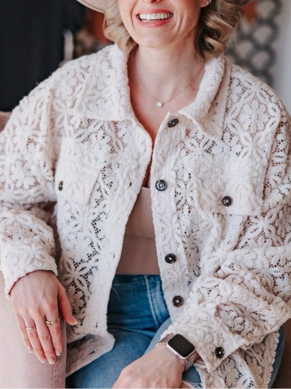 By Together Boutique Brand Cream Crochet Lace Button Down Lightweight Shacket S